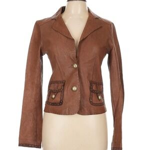 Blan Italian Leather Jacket Made in Italy Vera Pelle Brown Fitted Blazer Size 10